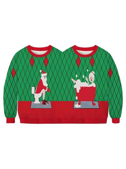 Two Person Ugly Christmas Pullover, Women Men Conjoined Twin Christmas Patterns Printed  Funny Couples Sweatshirt
