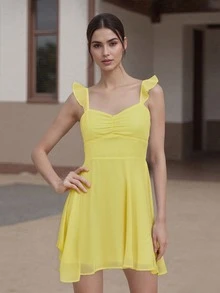 Vestido mini de verano para mujer, color liso, sin mangas, espalda abierta, cintura fruncida, vestido de malla - Amarillo - Ver 6