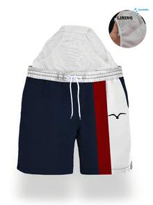 男士夏季印花图案抽绳腰斜插口袋夏威夷风速干双层网眼衬里短裤，海鸥撞色3D印花，时尚休闲沙滩度假泳裤 - 彩色 - 查看 2