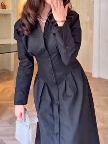 Damen markantes Pendler-Etuikleid mit Knopfverschluss, einfarbig, elegant, Lässig, Knopfverschluss vorne, plissierte Dekorationstaschen, geeignet für Büro, formelle Anlässe - Schwarz - Übersicht 9