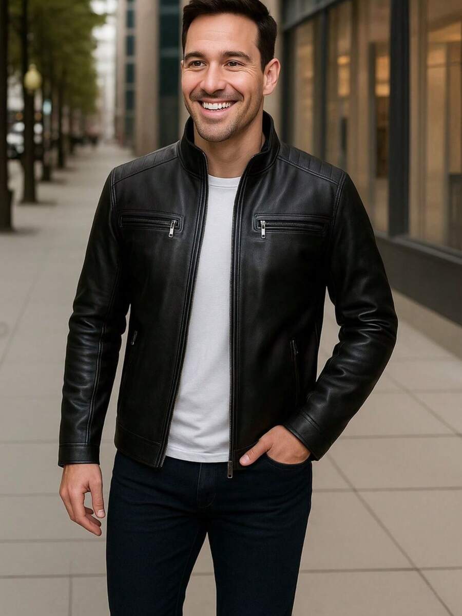 Men's Slim Lined Leather Jacket - 黑色 - 查看 1