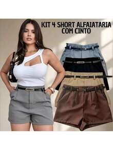 Kit 4 Women's Tailored Shorts Women's Tailored Bermuda Shorts With Super Comfortable Belt - 彩色 - 查看 1