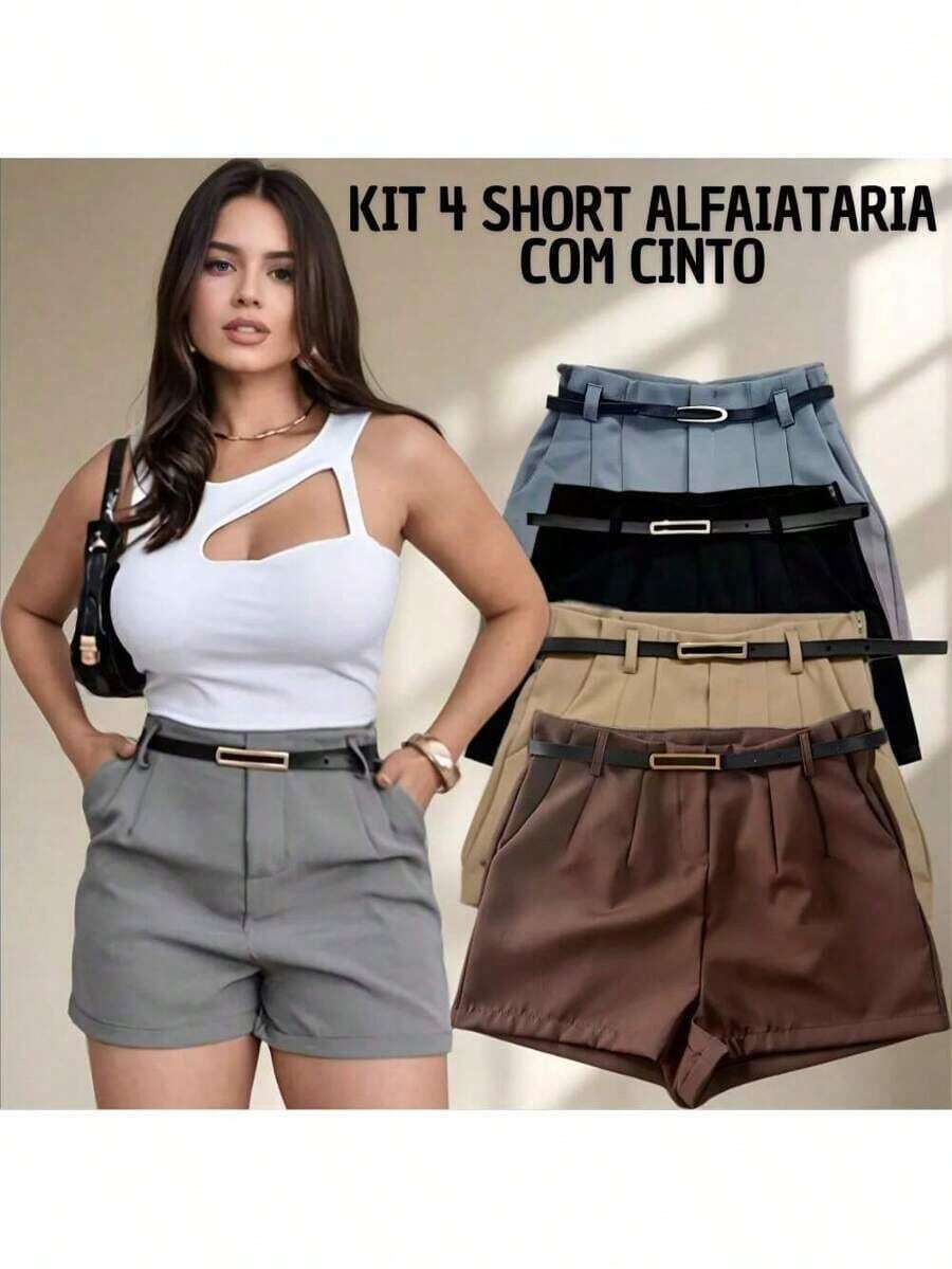 Kit 4 Women's Tailored Shorts Women's Tailored Bermuda Shorts With Super Comfortable Belt - 彩色 - 查看 1