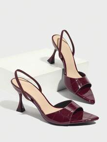 صنادل نسائية ذات كعب عالي، موضة كعب عالي راقية للحفلات والخارج، كعب إبزيم، مادة نسيج لامعة، جذاب وأنيق، لون بوردو، مناسب للربيع والصيف