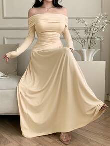 Đầm dài tay trễ vai xếp ly eo bất đối xứng màu trơn sang trọng dành cho nữ, thích hợp cho các buổi tiệc tùng, trở lại trường, trang phục thu/đông dành cho nữ - Màu be - Xem 10