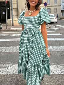 2026新款春夏初秋女式格子优雅波西米亚休闲连衣裙，水绿色，荷叶边褶皱下摆，适合户外约会、度假、情人节、新年等场合，也可作为格子裙、优雅派对连衣裙、音乐会连衣裙、方格连衣裙、绿色连衣裙、端庄女装、街头风女装、休闲夏装、秋季女装、返校季服装穿着。 - 淺綠色 - 查看 5