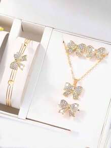 5 件套金色水晶蝴蝶装饰时尚、百搭、休闲首饰套装，适合少女 - 金色 - 查看 4