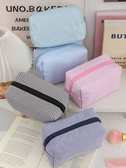 Cute Stripe Pattern Makeup Handbag Large Capacity Stationary Bag Macaron Colored Stripe Pencil Case Portable Handheld Makeup Storage Bag Small Travel Toiletry Bag Lovely Home Items Organizer Bag Soft Fabric Travel Cosmetics Bag Makeup Brushes Organizer Bag Multi-Functional Items Storage Bag With Zipper Children's Makeup Clutch Pouch Lightweight Toiletries Organizer Bag