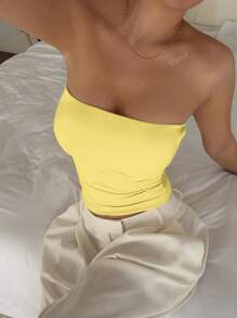 Camiseta sin tirantes básica de ajuste elástico y ceñido de color amarillo mantequilla para uso en todas las estaciones, diseño de moda de verano para el 4 de julio