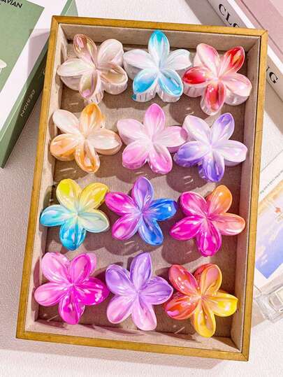 1 pieza/6 piezas/12 piezas Clips para el cabello con estampado floral bohemio de plástico ABS, nueva llegada 2026, talla grande vendidos, Frangipani, adecuados para volver a la escuela, vacaciones, viajes, fiestas, cumpleaños, oficina, accesorios para el cabello de verano en la playa