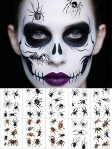 10张万圣节蜘蛛纹身恐怖僵尸蜘蛛网吸血鬼纹身临时逼真防水适用于女性万圣节派对节日派对恶作剧角色扮演化妆 - 彩色 - 查看 1