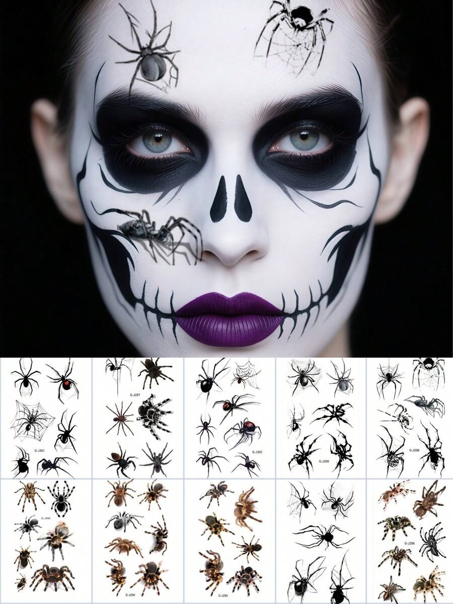 10张万圣节蜘蛛纹身恐怖僵尸蜘蛛网吸血鬼纹身临时逼真防水适用于女性万圣节派对节日派对恶作剧角色扮演化妆 - 彩色 - 查看 1