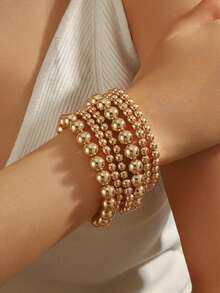 7pcs Retro Minimalist Beaded Bracelet Set, Elegant CCB Material, Suitable For Women, Daily, Commute, Date, Party, Holiday, Girlfriend Birthday Gift - Yellow Gold - View 5