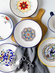 1pc 19.4oz Bohemian Style Underglaze Ceramic Plate, Luxurious Retro Colorful Painting Exquisite Pattern Large Capacity Salad Plate, Suitable For Home Kitchen, Restaurant, Holiday Gift, Party - Multicolor - View 9
