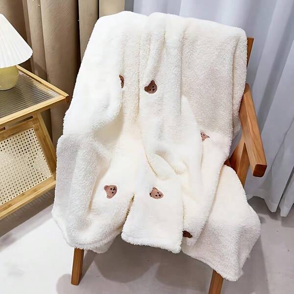 1pc Baby Blanket, All-Over Bear Embroidery Design, Soft & Skin-Friendly, Highly Absorbent, 100% Polyester Material