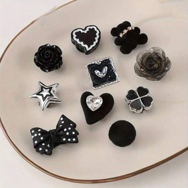 10pcs Black Cartoon Shoe Charms, Suitable For Women's Clogs And Sandals - DIY Accessories, Made Of ABS Material, Cute Bear And Star Design, Great For Personalizing Shoes, Shoe Decorations | Fun Accessories | Durable Shoe Charms, Shoe Decorations