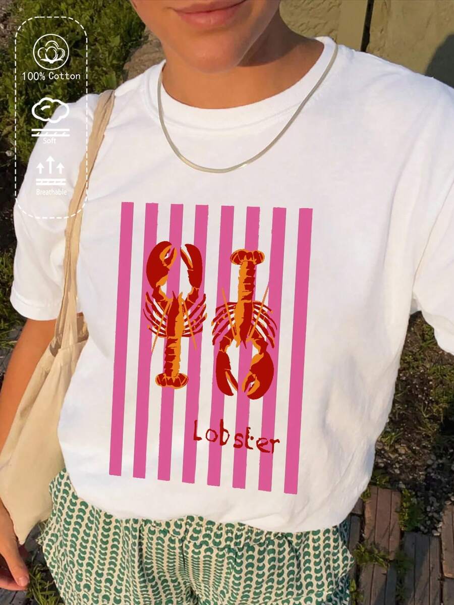 Cotton Women's T-Shirt, Summer Seaside Lobster Print, Spring And Summer New Style Sportswear For Women, Fashionable, Soft And Breathable Women's White Short-Sleeved Top. - White - View 1