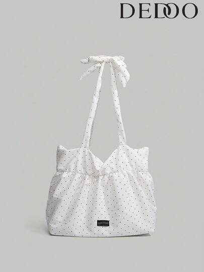 可折叠波点帆布手提袋，大容量单肩包，适合学生/上班族，荷叶边云朵系带设计