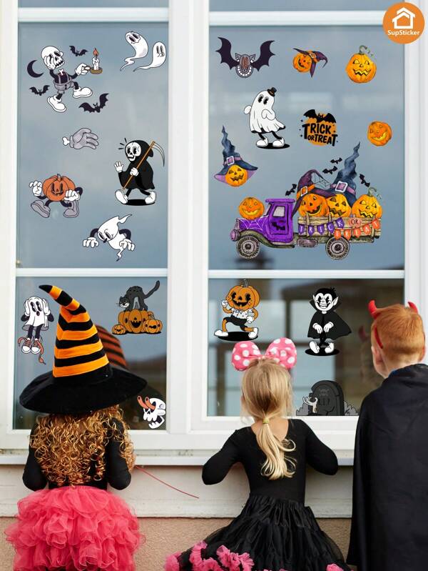 SUPSTICKER 1 pieza Pegatina de ventana de estilo de dibujos animados naranja y negro de Halloween, calcomanía adhesiva para decoración del hogar, habitación, fiesta, escaparate, 17.32*12.17 pulgadas/44x30.9cm