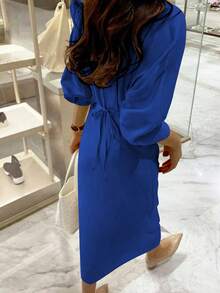 女士衬衫裙，法式优雅风格，腰带，宽松上衣和修身下装，中长翻领，适合日常旅行、外出、居家、早午餐、茶会、通勤、机场穿着，春夏，春秋