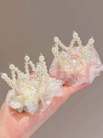 1pc Pink Hairpin Children's Pearl Crown Headband For Girls' Birthday First Birthday Hair Accessory Princess Top Hair Clip Net Fabric Hair Accessory