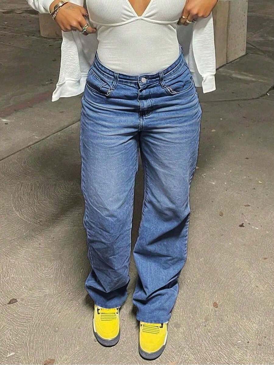 Damskie proste, luźne, proste nogawki, długie jeansy - Średni jeans - Zobacz 1