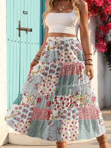 New Four-Season Bohemian C Pastoral Fresh Full-Body Floral Print Multi-Layered Tiered Ruffled Flounced Plus-Size Midi Skirt For Hawaii Vacation. Suitable For Dates, Beaches, Independence Day, And Valentine's Day.