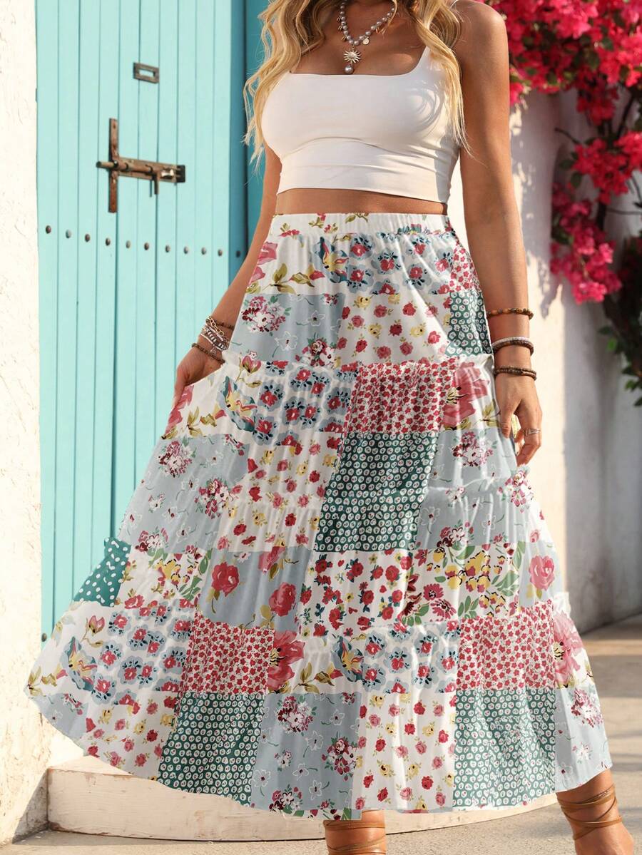 New Four-Season Bohemian C Pastoral Fresh Full-Body Floral Print Multi-Layered Tiered Ruffled Flounced Plus-Size Midi Skirt For Hawaii Vacation. Suitable For Dates, Beaches, Independence Day, And Valentine's Day.