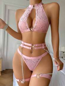 Floral Lace Ring Linked Garter Lingerie Set With 1pair Leg Ring - Hot Pink - 查看 3
