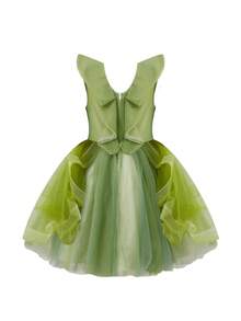 Girls A-Line Dress, Fly Sleeve Flowers Tulle Dress Summer Princess Dress For Birthday Party - 綠色 - 查看 4