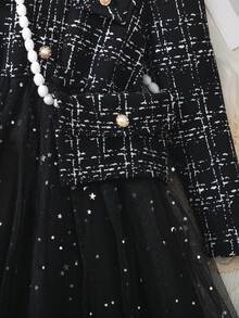 BASUSARRI 女童网眼拼接优雅连衣裙，带仿口袋和纽扣，圆领长袖时尚连衣裙，适合外出、聚会、生日、时尚配饰、春秋季 - 黑色 - 查看 6