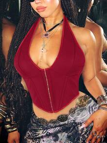 Apperloth A Y2K 红色露背吊带背心，性感 V 领系带露背胸衣短款上衣，适合派对、乡村音乐节、圣诞节等场合。 - 紅色 - 查看 5