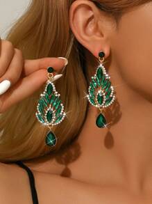 2 件欧美时尚水晶吊坠耳环，女士长款闪亮奢华方晶锆石耳环，新娘婚礼耳环