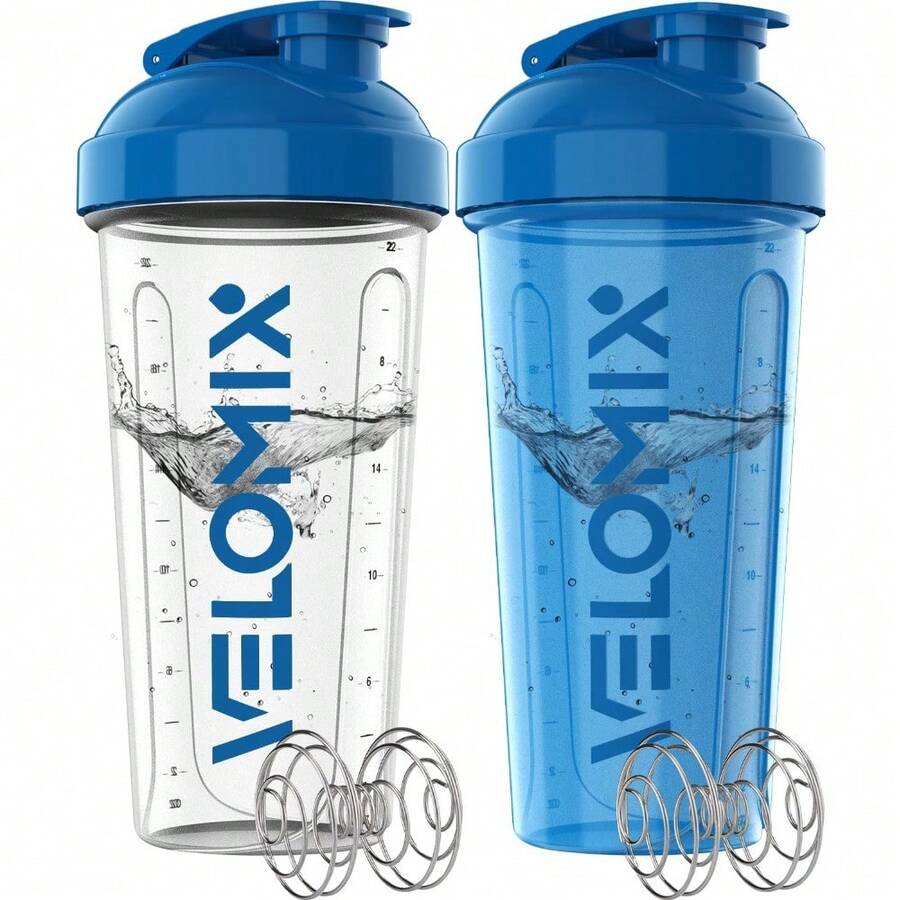 2 Pack 28oz Fitness Shaker Bottles With Stainless Steel Whisk Balls, Leakproof Protein Mixer Cup For Gym Workout School Travel, Includes Cleaning Brush & Wide Mouth Design For Easy Mixing - 7)藍色/透明 - 查看 1