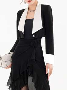 Damen elegante Kontrast-Jacke in Schwarz & Weiß mit Kragen und Kurzarm, geeignet für alle Jahreszeiten