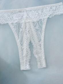 2 件花卉蕾丝内衣套装，开杯文胸和开裆丁字裤，性感女士内衣和睡衣套装 - 白色 - 查看 5