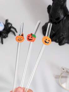 1-5 piezas/Set de pajitas de vidrio reutilizables con patrón de calabaza de Halloween, adecuadas para bebidas heladas, té de la tarde, batidos, smoothies, refrescos, leche con té, jugos y otras bebidas frías, ideal para fiestas de Halloween y bebidas festivas, libre de plomo, festivo, regalo de Halloween - Estilo A - Ver 5