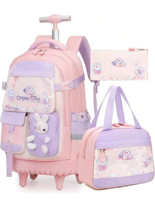 Polaris Rolling Backpack For Girls, Kawaii Bunny Roller Wheels School Backpacks With Lunch Bag Pencil Case, Wheeled Suitcase Bookbag For Elementary Travel Aquamarine