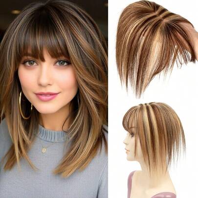 真人发夹式刘海假发，金色直发，适合头发稀疏者，男女通用，造型百变，增加发量，多功能假发，真人发