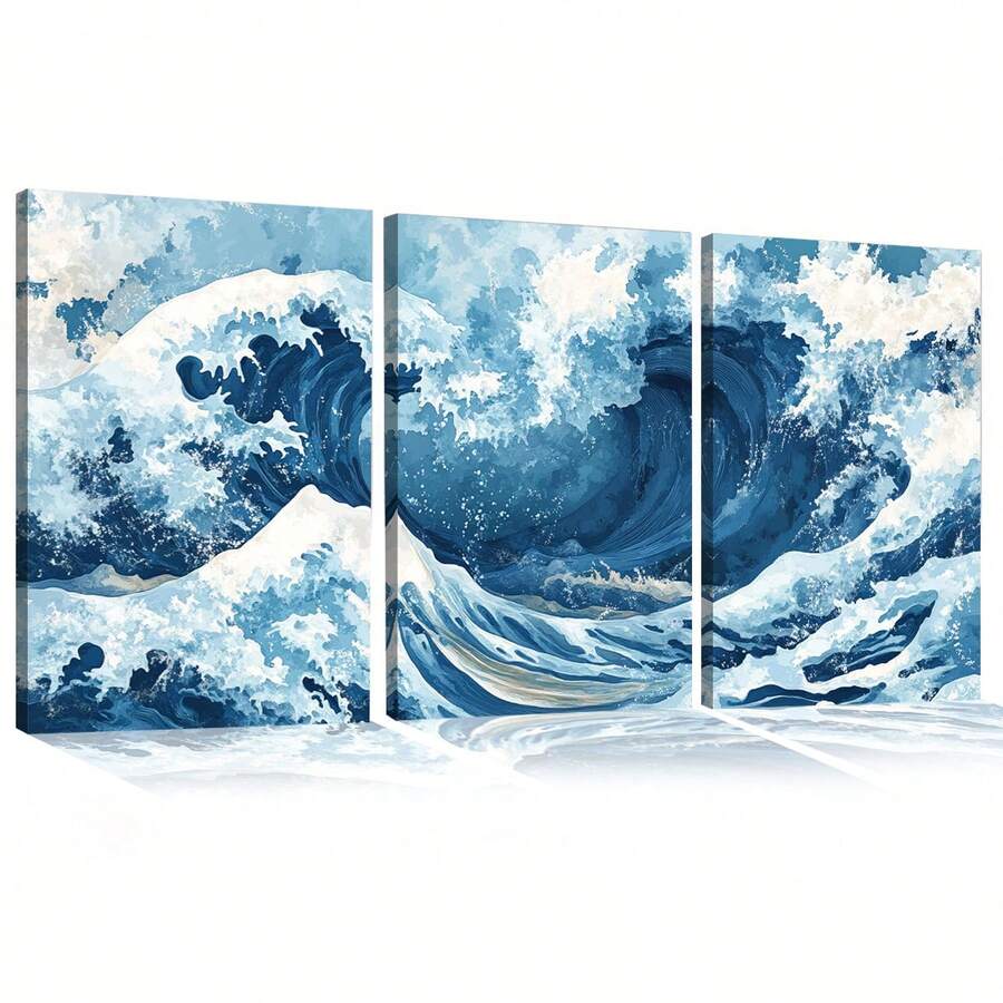 Decorative Frame Blue Waves MDF Mosaic Living Room Bedroom Office HD Print - 白色 - 查看 1