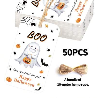 50 st. Halloween-presentetiketter med hamparep - Hängande etiketter med motiv av onda spöken, pumpa och fladdermus - Perfekta för festgåvor, presentinslagning och högtidsfiranden, Halloweendekorationer, skolmaterial, skolstart