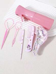 6 件套美发套装，含发刷、2 把梳子、200 毫升喷雾瓶和 2 个造型工具，适用于家庭沙龙，卡通设计梳子套装，美发套装，美发工具套装，美发套装，发饰