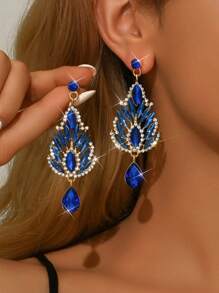 2 件欧美时尚水晶吊坠耳环，女士长款闪亮奢华方晶锆石耳环，新娘婚礼耳环