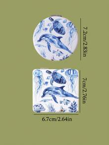 1pc Round/Square Mermaid, Fish, Seafood Cartoon Pattern White PU Foldable Compact Double-Sided Pocket Makeup Mirror, High Definition Hand-Held Touch Up Mirror - Multicolor - View 6