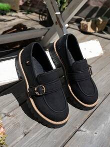 Nuevos mocasines de mujer estilo universitario para otoño 2025, con diseño de patchwork y costura, suela gruesa y hebilla metálica; Bailarinas minimalistas retro de punta redonda, versátiles y casuales, adecuadas para primavera y otoño, para ir al trabajo, de compras, a la escuela y a fiestas