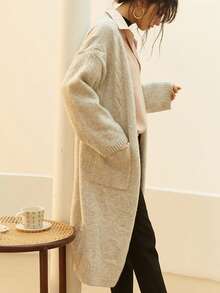 Knit Mix 优雅法式长款针织开衫，女款休闲秋冬毛衣外套，纯色百搭时尚外套秋冬 - 淺灰色 - 查看 3