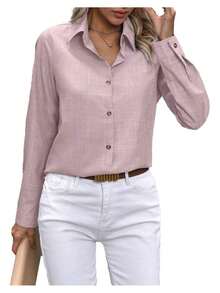Women's Basic Single-Breasted Solid Color Block Long Sleeve Square Neck Shirt - Màu Hồng baby - Xem 2