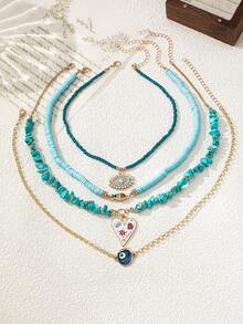 4 件套绿松石软粘土串珠项链，时尚种子珍珠邪眼吊坠项链，个性化蓝眼心形吊坠，适合女性日常和旅行佩戴