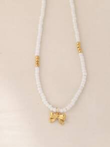 1pc 2025 Summer Beach Small Rice Pearl Necklace With Miniature 18K Gold Plated Stainless Steel Seahorse, Shell, And Starfish Pendant For Women, Casual And Resort Wear