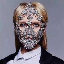 Rhinestone Masquerade Mask Full Face Jewelry For Women Mardi Gras Mask Crystal Face Chain Jewelry-0166 - 銀色 - 查看 3